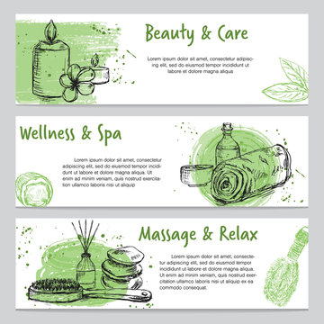 Banners on spa related theme with hand drawn massage and body care products