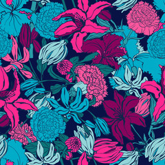 Wzór z lilii, ylang, róże, kwiaty goździka. Ilustracja wektorowa kolorowe. Druk na tekstylia domowe i odzież, tkaniny, tekstylia