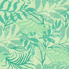 Seamless tropical leaves palms pattern. Exotic. Green colors. Background for fashion, interior, stationery, web.