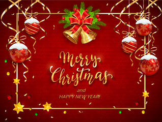 Fototapeta premium Christmas balls and bells on red background