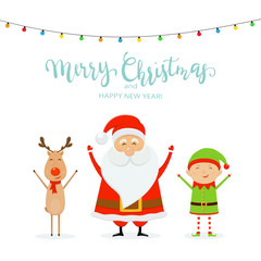 Fototapeta na wymiar Text Merry Christmas and Happy Santa with Reindeer and Cute Elf