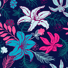 Seamless pattern with lilium, ylang, roses, carnation flowers. Colorful vector illustration. Print for home textile and clothes, fabric, textile