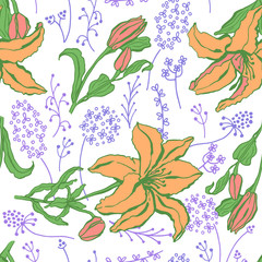 Seamless pattern with lilium, ylang, roses, carnation flowers. Colorful vector illustration. Print for home textile and clothes, fabric, textile