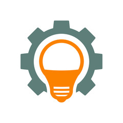 Icono plano bombilla led en engranaje en naranja y gris
