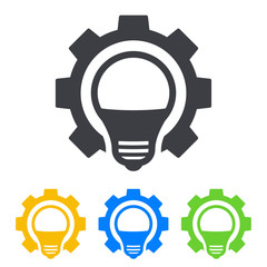 Icono plano bombilla led en engranaje en varios colores