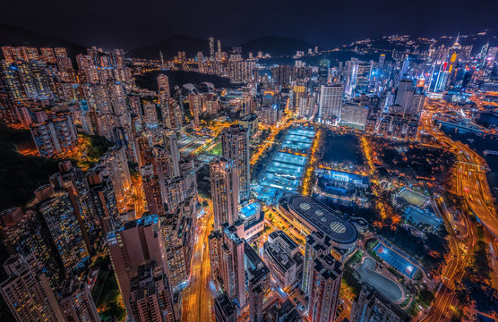 Aerial view of Hong Kong Cityscape at night © YiuCheung