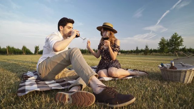 Young happy loving couple sitting outdoors on the picnic in the field drinking wine talking with each other