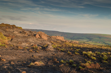 Obraz premium The scorched landscape of The Roaches, Staffordshire after a wildfire in the Peak District National Park