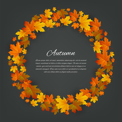 Autumnal round frame. Background with maple autumn leaves. Vector