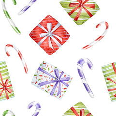 Christmas gift lollypop ball seamless watercolor background