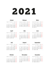 2021 year simple calendar on german language, A4 size vertical sheet isolated on white