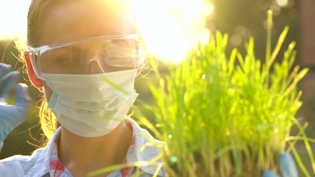 Woman agronomist in goggles and a mask examines a sample of soil and plants