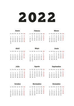 2022 year simple calendar in spanish, A4 size vertical sheet isolated on white