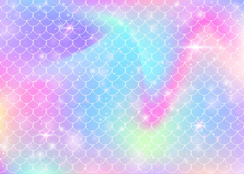 Rainbow scales background with kawaii mermaid princess pattern. Fish tail banner with magic sparkles and stars. Sea fantasy invitation for girlie party. Pearlescent backdrop with rainbow scales.