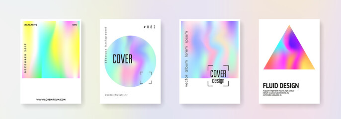 Geometric cover set. Abstract backgrounds. Memphis geometric cover with gradient mesh 90s, 80s retro style. Pearlescent graphic template for placard, presentation, banner, brochure.