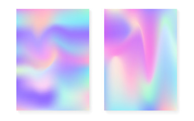 Holographic gradient background set with hologram cover. 90s, 80s retro style. Iridescent graphic template for flyer, poster, banner, mobile app. Hipster minimal holographic gradient.