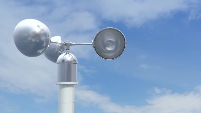Shiny anemometer rotates on the wind. Loop ready animation of device used for measuring wind speed.