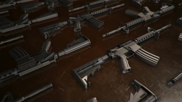 Animation of slow moving different firearms. Weapons: rifles, semi-automatic guns, machine guns. Animation of seamless loop.