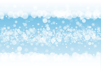 Snow border with white snowflakes on horizontal winter background. Merry Christmas and Happy New Year snow border for season sales, banners, invitations, retail offers. Falling snow. Winter window.