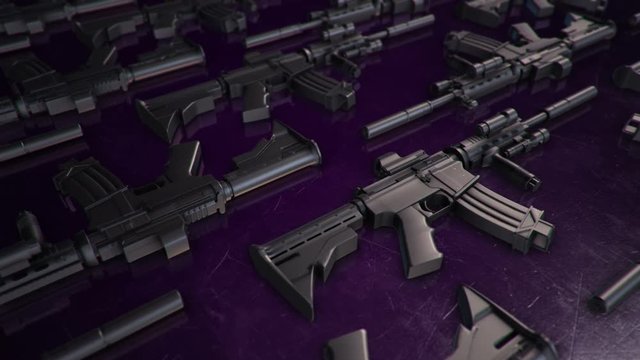 Animation of slow moving different firearms. Weapons: rifles, semi-automatic guns, machine guns. Animation of seamless loop.