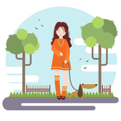 Vector flat style illustration. Young girl walk in park with her little dog