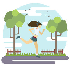 Vector flat style illustration. Young girl running in park. Sport lifestyle poster