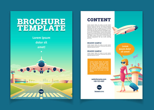 Vector brochure template with airplane takeoff. Travel or tourism concept, girl with baggage on leaflet. Booklet with contacts, tourist poster. Voyage background with aircraft on a landing strip.