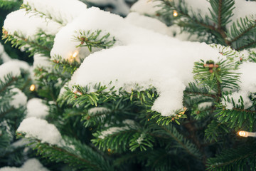 Christmas tree with garland, fair. Outdoor. Xmas card. Close up. Winter.