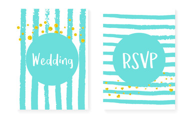 Gold glitter confetti with dots and sequins. Wedding and bridal shower invitation cards set. Vertical mint stripes background. Stylish gold glitter confetti for party, event, save the date flyer