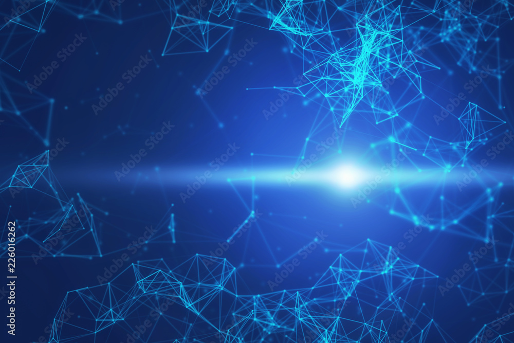 Aufkleber blue digital data and network connection triangle lines with light flare for technology concept on b