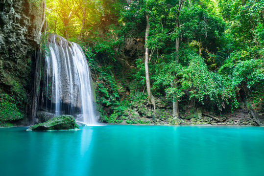 Erawan waterfall in tropical forest of national park, Thailand 