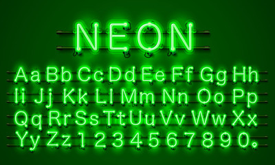 Neon font city. Neon green font eps. Lamp green font. Alphabet font. Vector illustration