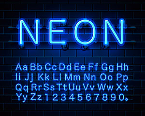 Neon city color blue font. English alphabet and numbers sign. Vector illustration