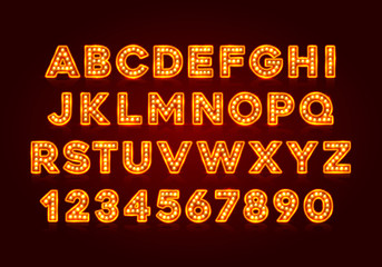 Red fluorescent neon font on dark background. Nightlight alphabet. Vector illustration.