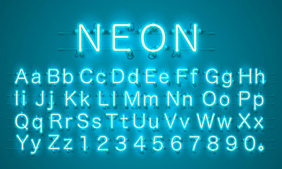 Neon city color lime blue font. English alphabet and numbers sign. Vector illustration © hobbitfoot