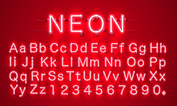 Neon city color red font. English alphabet and numbers sign. Vector illustration