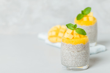 Chia seeds pudding with mango puree in beautiful glasses with green mint leaves and cut fresh ripe tropical fruit.