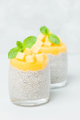 Chia seeds pudding with mango puree in beautiful glasses with green mint leaves and cut fresh ripe tropical fruit.