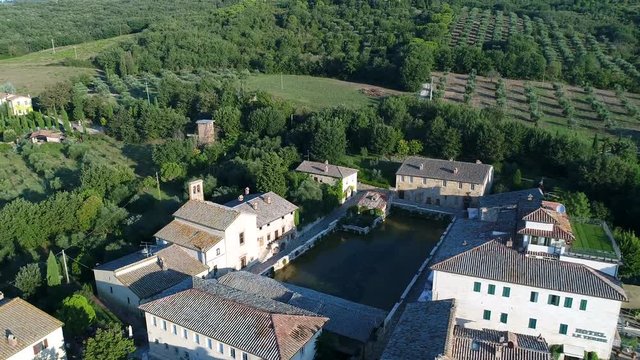aerial shot of the lovely village of bagno vignoni in val d'Orcia 