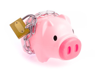 Piggy bank style money box chained together isolated on white background, concep financial stability