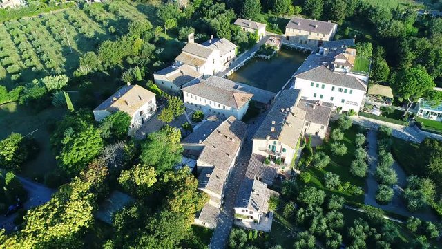 aerial shot of the lovely village of bagno vignoni in val d'Orcia 