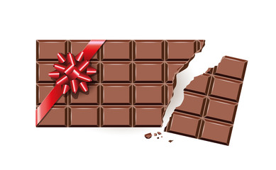Schokoladentafel abgebrochen mit Geschenkschleife, 
Tafel Schokolade als Geschenk, 
Zartbitter Schokolade,
Grafik Illustration isoliert auf weißem Hintergrund

