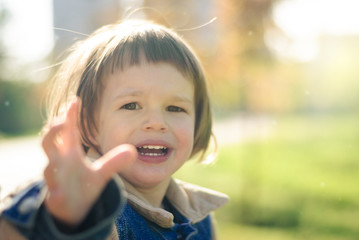 Little boy explores the world of groping something on a tree in the woods