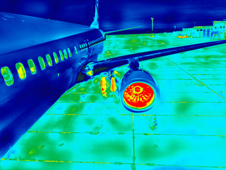 The engine of the airplane infrared image