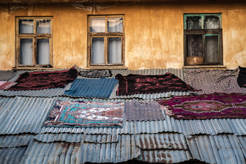 Anatolian Turkish Ethnic Carpet, Kilims on Metal Platform to be Dried