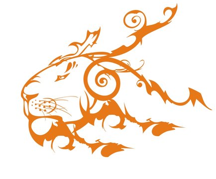 Decorative old lion head symbol. Tribal orange lion's head created by the twirled ornate elements on a white background