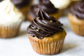 Birthday cupcake with the chocolate frosting on the top