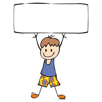 Boy with banner. Creative funny illustration. Concept for marketing campaign. Vector icon, single object.	