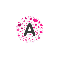 A Letter logo design with pink hearts, valentine day concept