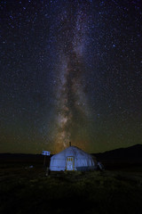 Fototapeta na wymiar Milky way over ger camp in Mongolia desert. Millions of stars in the sky at night in Mongol desert at a ger tent camp. 
